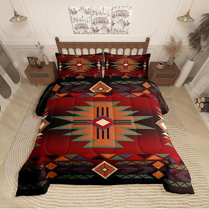 Western Comforter Set King Size,Red Black Cowboy Cowgirl Bedding Set for Boys Girls,Kids Adult Aztec Native Tribal Quilt Set Retro Geometric Arrow Striped Bohemian Duvet Insert,2 Pillowcases
