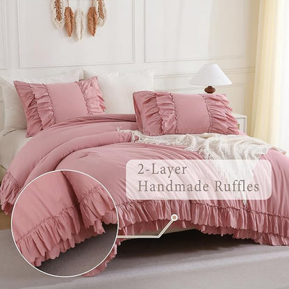 Herside Bean Pink Ruffle Comforter Set King Size,Shabby Chic Boho Bedding Sets, Soft Fluffy Comforters Sets for All Season,Vintage Ruffled 3 Pcs Microfiber Lightweight Quilt Set for Women Girls
