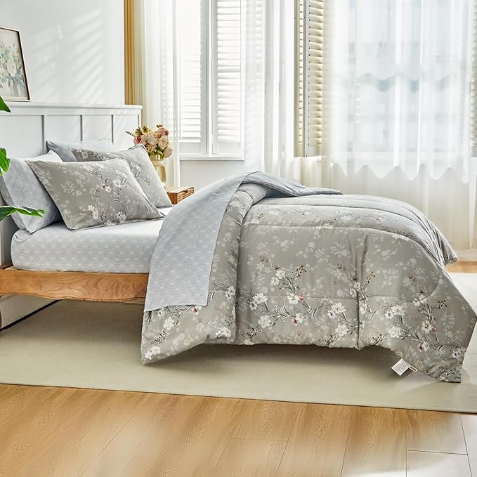 AIKASY Bed in a Bag 7-Piece King Comforter Set - Soft Microfiber Bedding with Elegant Floral, Lightweight and Breathable for All-Season (Regal Purple)