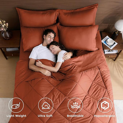 HEVUMYI Burnt Orange Cali-King Comforter Set - 7-Piece All Season Bed in a Bag Cali-King, Ultra Soft Bedding Set with Comforter, Flat Sheet, Fitted Sheet, Pillowcases, Pillow Shams