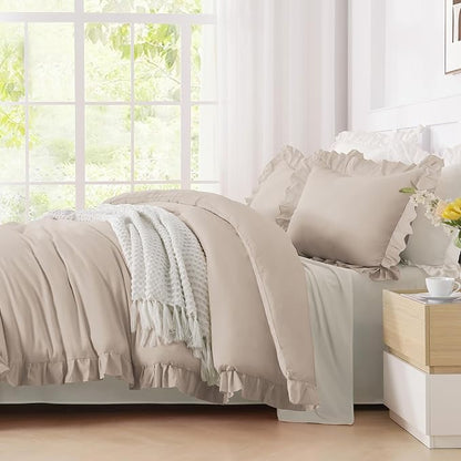 Andency Oversized King Comforter Set 128x120, 3 Pieces Khaki Ruffle Shabby Chic Famhouse Bedding Set for Women, Lightweight Fluffy Super King Plus Bed Set for Girls