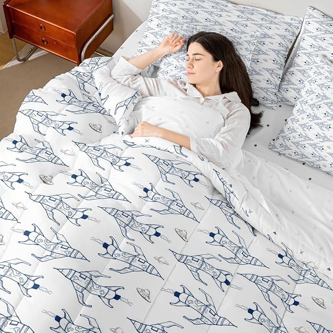 Feelyou Space Rocket Print Bed in a Bag Twin Universe Planets Comforter Set with Sheets for Kids Planet Space Ship Design 7 Piece Bedding Set Women Men Ultra Soft Breathable