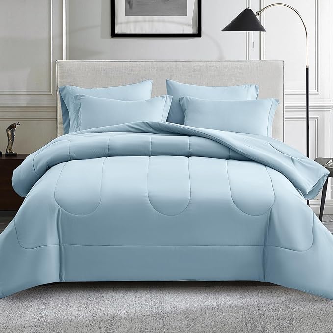 Maple&Stone Full Size Comforter Sets 7 Pieces Bed in a Bag - Down Alternative Bed Set with Comforter, Sheets, Pillowcases & Shams, All Season Lightweight Bedding Set, Light Blue