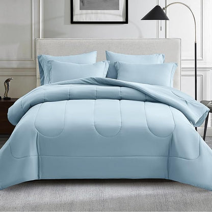 Maple&Stone Light Blue Comforter Set Queen 7 Pieces Bed in a Bag - Down Alternative Bed Set with Comforter, Sheets, Pillowcases & Shams, All Season Lightweight Bedding Set, Light Blue