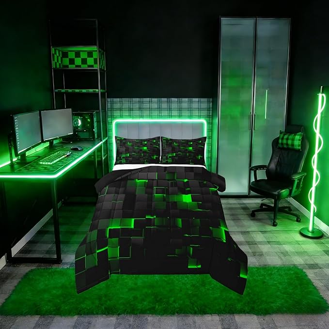 Erosebridal Black Green Comforter Set King Neon Geometric Checkered Bedding Set for Kids Boys Gaming Room Decor,Teen Men Abstract Stereoscopic Grids Quilt Square Plaid Check Bed Set 3 Pcs