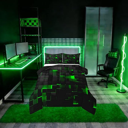 Erosebridal Black Green Comforter Set King Neon Geometric Checkered Bedding Set for Kids Boys Gaming Room Decor,Teen Men Abstract Stereoscopic Grids Quilt Square Plaid Check Bed Set 3 Pcs