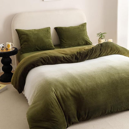 Cottonight Velvet Fluffy Comforter Full Dark Green Gradient Plush Flannel Bedding Set Women Men Thick Warm Winter Blanket Quilts Sherpa Micromink Ink Color Plush Fashion Bedding