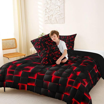 Erosebridal Boys Red and Black Comforter Set King Geometric Checkered Kids Bedding Set Teen Men Gaming Room Decor,Abstract Ombre Plaid Comforter Grids Quilt Duvet