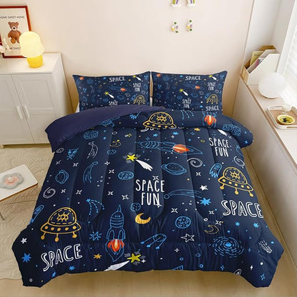 Outer Space Comforter Sets Twin Size，Bedding Sets for Kids,Cartoon Rocket and Flying Boat Comforter Sets All Season 1 Comforter and 2 Pillowcases