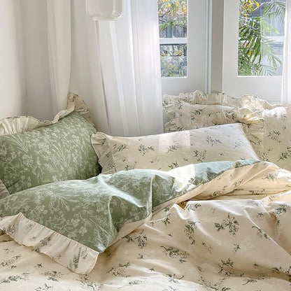 mixinni Cottagecore Floral Comforter Set King Size - 3 Piece Soft Reversible Ruffled Lace Botanical Duvet Cover with Pillow Shams, Light Beige & Green Leaf Print, Spring Bedding for Girls