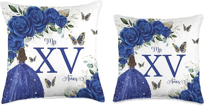 Royal Blue Roses Floral Quinceañera Mis XV Años Throw Pillow Throw Pillow
