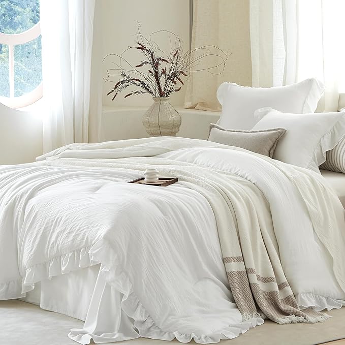 White Ruffle Comforter Set Queen, Pre-Washed Shabby Chic Bedding Set, Lightweight Cottagecore Soft Romantic Cozy 1 Comforter & 2 Shams, All-Season