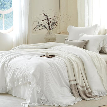 White Ruffle Comforter Set Twin, Pre-Washed Shabby Chic Bedding Set, Lightweight Cottagecore Soft Romantic Cozy 1 Comforter & 1 Sham, All-Season