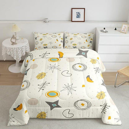 Kids Cartoon Atomic Bedding Set King Modern Mid Century Comforter Set, Retro Fifties Duvet Insert Hippie Abstract Quilt Sets, Geometric Polka Dots Bedding Comforters & Sets Teal Orange Room Decorative