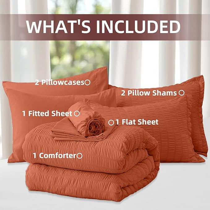 FUANNA Full Size Comforter Sets 7 Pieces, Luxury Seersucker Bed in a Bag Full for All Seasons, Soft Bed Sets with Comforter, Flat Sheet, Fitted Sheet, Pillowcases & Shams for Bedroom, Burnt Orange