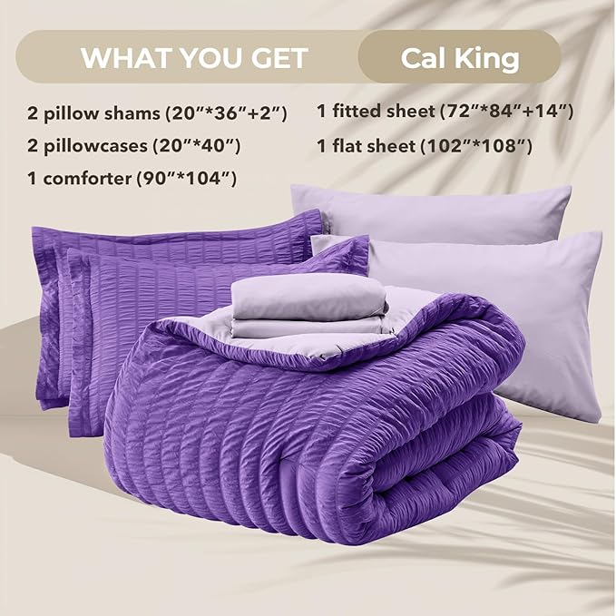 HYMOKEGE Dark Purple/Lavender California King Comforter Set Seersucker 7 Pieces, All Season Luxury Bed in a Bag for Bedroom, Bedding Set with Comforter, Sheets, Pillowcases & Shams