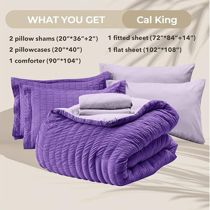 HYMOKEGE Dark Purple/Lavender California King Comforter Set Seersucker 7 Pieces, All Season Luxury Bed in a Bag for Bedroom, Bedding Set with Comforter, Sheets, Pillowcases & Shams