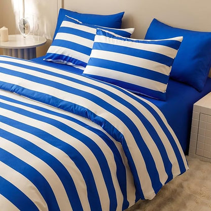 Houseri Blue White Stripes Comforter Set King 3 Piece Blue Bedding King Size Lightweight Modern Striped Bed Set Soft Comfy Quilt Blanket King