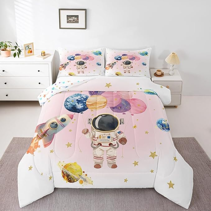 Cute Astronaut Full Size Comforter Set,Colorful Cute Planet Balloon Rocket Reversible Bedding Comforters Bedroom Decor,Stars Cartoon Space Pink White Breathable Polyester Bedding Set