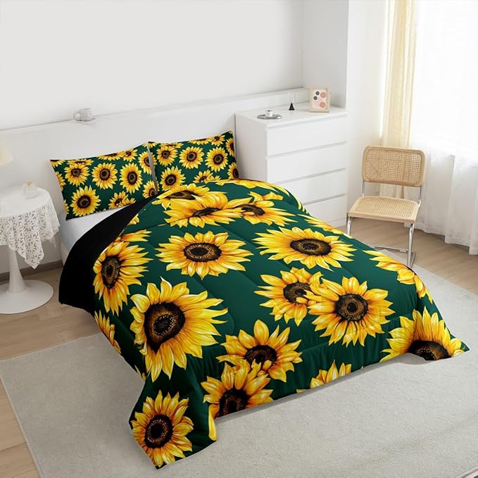 Erosebridal Sunflower Comforter Set King Size 3D Floral Bedding Set for Kids Girls Women Adult Yellow Floral Down Comforter Botanical Flower Print Green Quilt Set Blossom Garden Duvet Set
