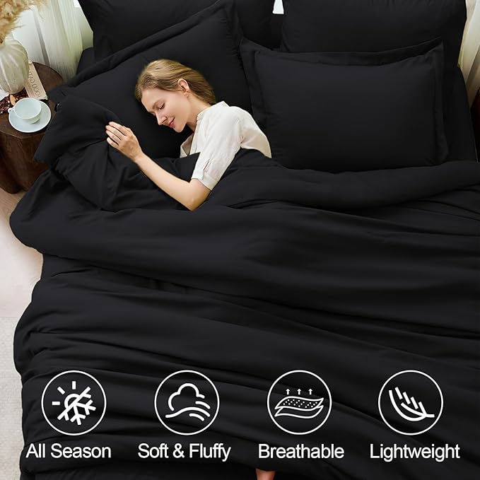 FUANNA Full Size Comforter Sets Black, 7 Pieces Soft Bed in a Bag Full, All Season Lightweight Bed Sets with Comforter, Flat Sheet, Fitted Sheet, Pillowcases & Shams