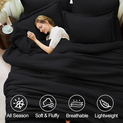 FUANNA Full Size Comforter Sets Black, 7 Pieces Soft Bed in a Bag Full, All Season Lightweight Bed Sets with Comforter, Flat Sheet, Fitted Sheet, Pillowcases & Shams