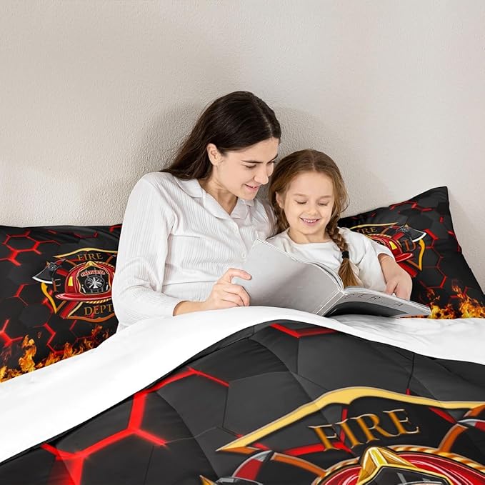 Fire Fighting Kids Comforter Set Full Size,Fire Fighting Truck Tool Flame Bedding Set,Boys Girls Adults Room Decor,Geometric Honeycomb Hexagon Down Comforter,Red Black Duvet Insert,2 Pillowcases