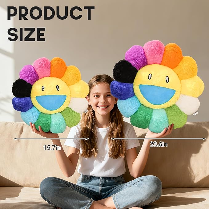 Flower Pillow,Flower Shaped Throw Pillow,Cute Smiley Face Floor Cushions,Colorful Sunflower Plush Pillows,Cute Plushie Room Decor,Valentines Day Pillows for Bedroom,Sofa,Dorm (Colourful,23.6In)