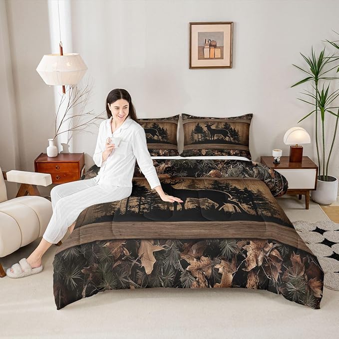 Erosebridal Farmhouse Deer Toddler Comforter Set Camo Woodland Hunting Bedding Set Rustic Cabin Comforter for Boys Teen Men,Wildlife Animal Print Quilt Duvet