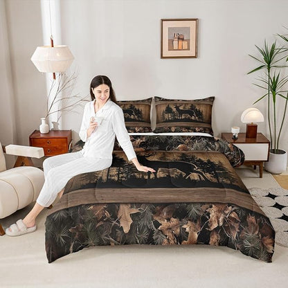Erosebridal Farmhouse Deer Queen Comforter SetCamo Woodland Hunting Bedding Set Rustic Cabin Comforter for Boys Teen Men,Wildlife Animal Print Quilt Duvet