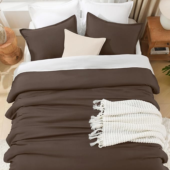 Litanika Comforters Full Size Chocolate, 3 Pieces Lightweight Solid Bedding Set & Collections, All Season Fluffy Bed Set (79x90 Inches Comforter & 2 Pillowcases)