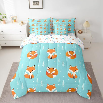 Feelyou Kids Fox Comforter Set Full Size 7 Pcs Girls Cute Fox Comforter Bed in a Bag Wild Animal Bedding Set for Boys Toddler Cartoon Fox Bed Set with Sheets, Pillowcases, Pillow Covers