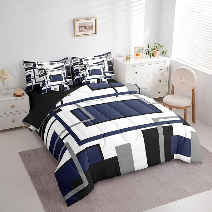 Erosebridal 7Pcs Navy Blue Black Comforter Set Full,Geometric Bed in A Bag for Women Men,Minimalist Modern Striped Square Bedding with Bed Sheets,Vintage Boho Art Stripes Quilt Set with Pillowcases