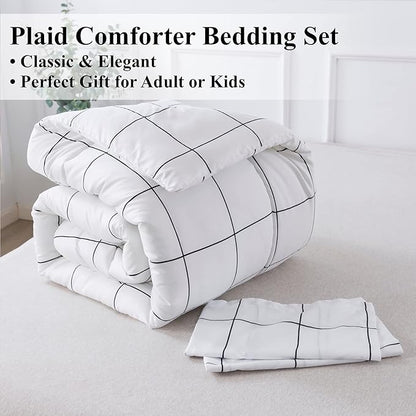 Andency White Grid Comforter Set King(104x90Inch), 3 Pieces (1 Plaid Comforter and 2 Pillowcases) White Plaid Comforter Set, Lightweight Microfiber Gingham Geometric Comforter Bedding Set
