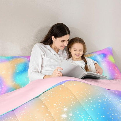 Feelyou Glitter Galaxy Bedding Set Soft for Boys Girls, Cute Rainbow Comforter Set King Size Tie Dye Ombre Duvet Quilt Microfiber Lovely Kids Rainbows Bedroom Decor 3 Pcs with 2 Pillow Cases