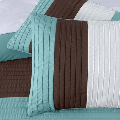 Chezmoi Collection Briar 7-Piece California King Bed in a Bag - All Season Lightweight Microfiber Comforter Set - Includes Sheets & Shams - Blue/Brown/Beige Pleated Stripe Design