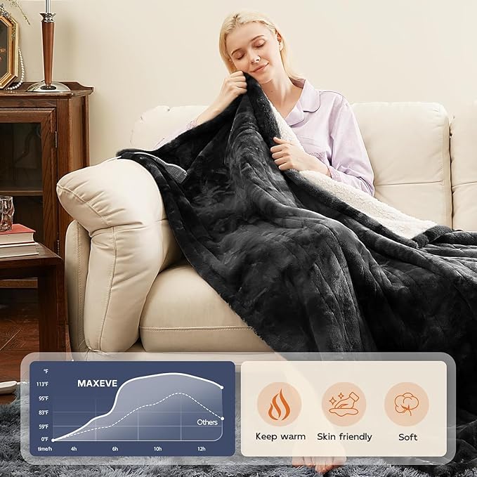 MAXEVE Electric Heated Blanket 84"x 90" Rabbit Faux Fur Queen Blankets with Dual Controllers 8 Heating Levels & 8H Auto Off, Fast Heating Warm Sherpa Washable Throw with ETL Certification, Grey