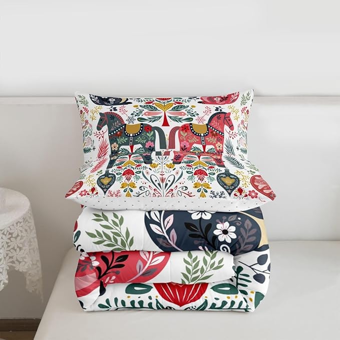 Scandinavian Horse Comforter Set Twin Size,Rustic Farmhouse Floral Bedding Sets 2Pcs for Kids Girls Boys Women Room Decor,Bird Squirrel Duvet Insert Christmas Style Down Comforter,1 Pillowcase