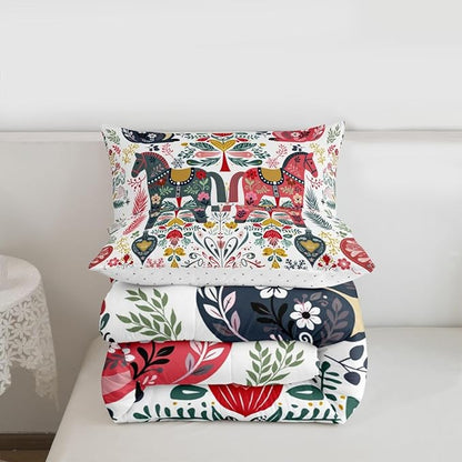 Scandinavian Horse Bedding Sets King Size,Rustic Farmhouse Floral Comforter Set 3Pcs for Kids Girls Boys Women Room Decor,Bird Squirrel Quilted Duvet Christmas Style Down Comforter,2 Pillowcases