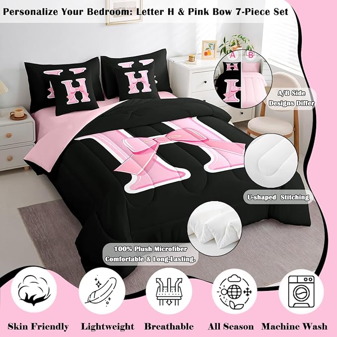 jejeloiu Kids Girls Black Pink Bow Comforter Set with Sheets Full Size Monogrammed 7 Piece Bedding Set Personalized Initial H Bed in a Bag with Comforter,Sheets,Pillowcases Modern Fashion Bed Set