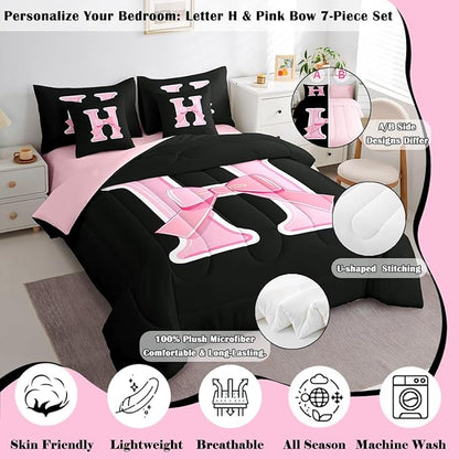 jejeloiu Kids Girls Black Pink Bow Comforter Set with Sheets Queen Size Monogrammed 7 Piece Bedding Set Personalized Initial H Bed in a Bag with Comforter,Sheets,Pillowcases Modern Fashion Bed Set
