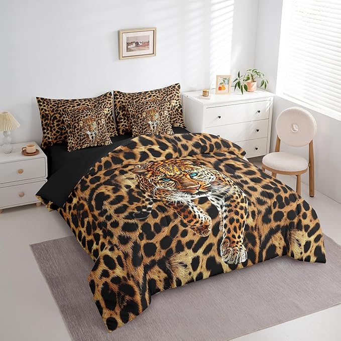 Castle Fairy Cheetah Comforter Set Full Size,African Leopard Skin Print Bedding Set,Luxury Wildlife Animal Theme Bed Set 7 Pieces(Comforter+Fitted+Flat Sheet+Pillowcase+Pillow Cover)