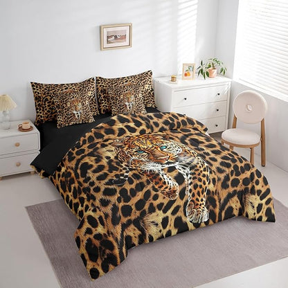Castle Fairy Cheetah Comforter Set Full Size,African Leopard Skin Print Bedding Set,Luxury Wildlife Animal Theme Bed Set 7 Pieces(Comforter+Fitted+Flat Sheet+Pillowcase+Pillow Cover)