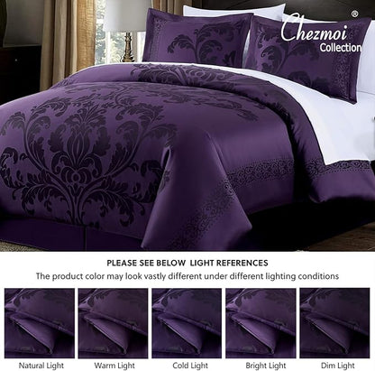 Chezmoi Collection Valor 7-Piece California King Bed in a Bag, Purple/Dark Purple Luxury Jacquard Floral Comforter with Sheets Set for All Season
