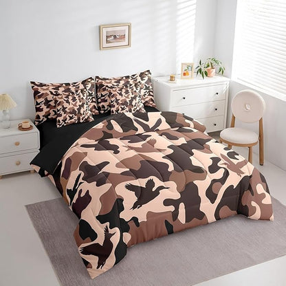 Erosebridal Duck Hunter 7 Piece Bed Set Full Size Camo Bedding for Kids Girls Army Camouflage Hunting Bed in A Bag Sheet Set Vintage Pink Brown Bedroom Decor Wild Animal Duck Farmhouse Comforter Set