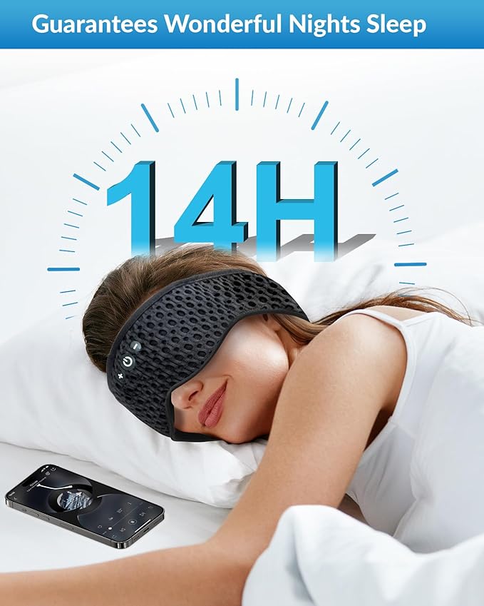 Bluetooth Sleep Mask with Removable 3D Contoured, 100% Blackout Eye Mask for Sleeping, Sleeping Headphones with Ultra-Thin Stereo Speakers for Side Sleepers, Perfect Tech Gifts for Men/Women