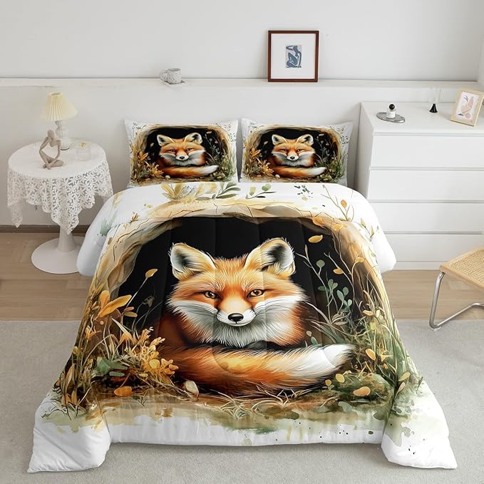 Manfei Fox Kids Comforter Sets Twin Size,Cartoon Animal Cave Bedding Comforter Sets,Rustic Botanical Plants Quilt Sets for Boys Adult Bedroom Decor,Safari Animal Duvet Insert with 1 Pillowcase