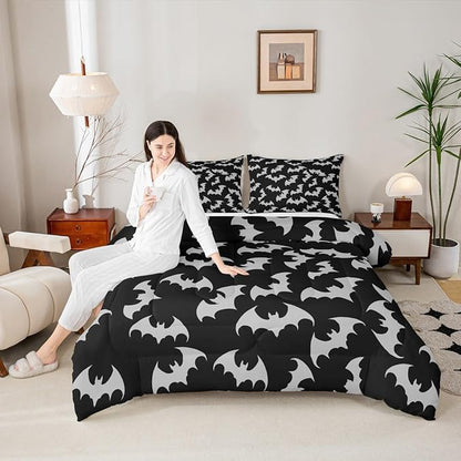 Erosebridal Gray Bat Queen Comforter Set Halloween Bat Bedding Set Spooky Goth Gothic Animal Bed Set Horror Halloween Quilt Set for Kids Teens Adults