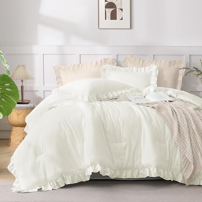 Andency Ivory King Size Comforter Set, 3 Pieces Solid Farmhouse Shabby Chic Bedding Comforters & Sets, All Season Western Rustic Soft Down Alternative Bed Set for Adult Men Women
