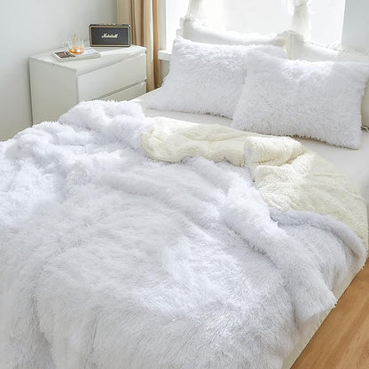 Flysheep Luxury Faux Fur King Size Winter Comforter Set Shaggy Velvet Pure White Long Hair, 3 Pieces Plush Flannel Sherpa Backing Reversible Soft Microfiber Super Warm Bedding Set for Holiday